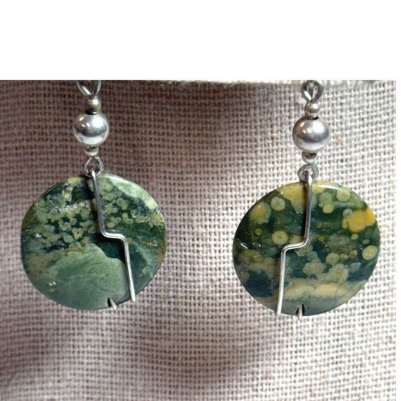Natural Green Jasper Dangle Earrings Sterling Silver Wire Wrap & Hooks Vintage - Picture 2 of 5